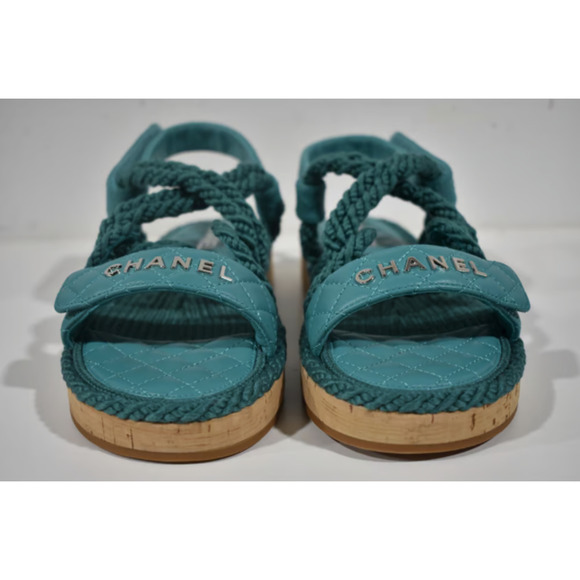 Chanel 21S Dad Green Blue Cord Rope CC Quilted Mule Ankle Strap Sandal Flat 40 - Picture 8 of 12